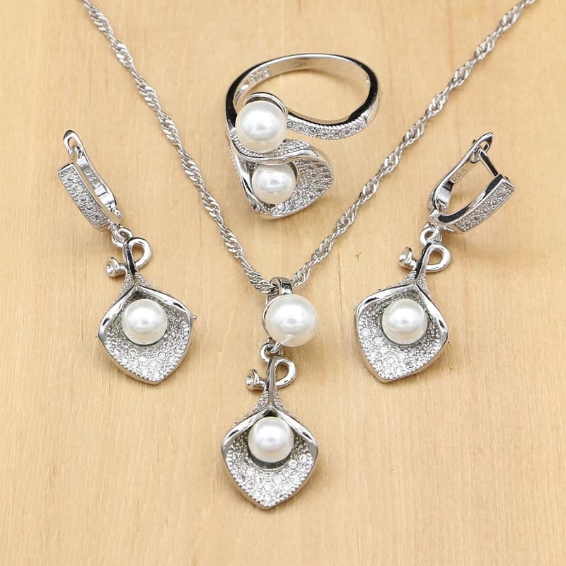 925 Silver Bridal Jewelry Sets White Pearl Zircon  Women Wedding Pendant Drop Earrings Open Rings Morning Glory Necklace Set