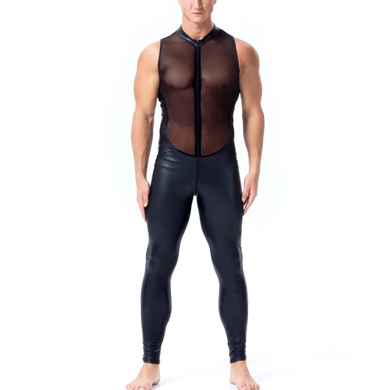 Hot Exotic Apparel for Man Wet Look Sexy Long Pants Short Sleeve Catsuit Leather Men Mesh Bodysuit Gay Costume Plus Size S-XXL