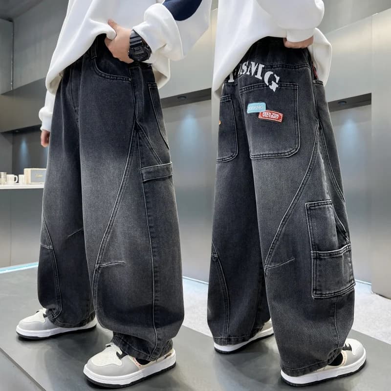 Cool Loose Casual Jeans for Boys Straight Leg Wide Leg Spring Autumn Middle Large Children's Jeans Fashionable And Durable