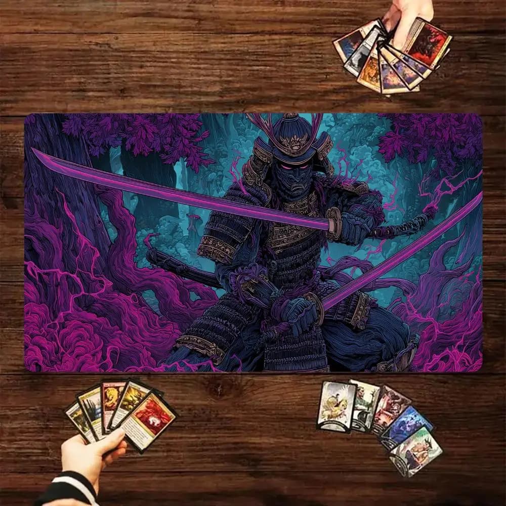 Cyberart Style Fantasy Samurai Design TCG Playmat Magic Card Battle Mat 35X60CM Tapete Magic Mat Non-Slip Durable Stitched Edge