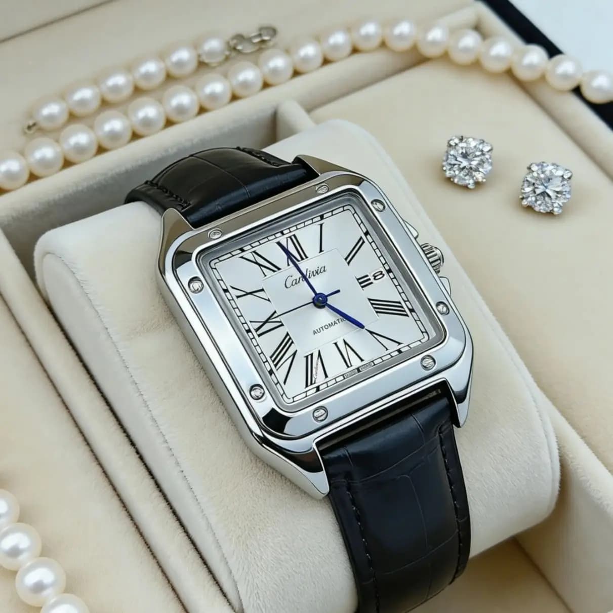 New Women's Watch with Square Roman Numerals, Quartz Movement, Luxurious Stainless Steel Case, Black Leather Strap, Elegant Dress Watch, Date Display, Waterproof, Classic Wristwatch, Women's Vintage S