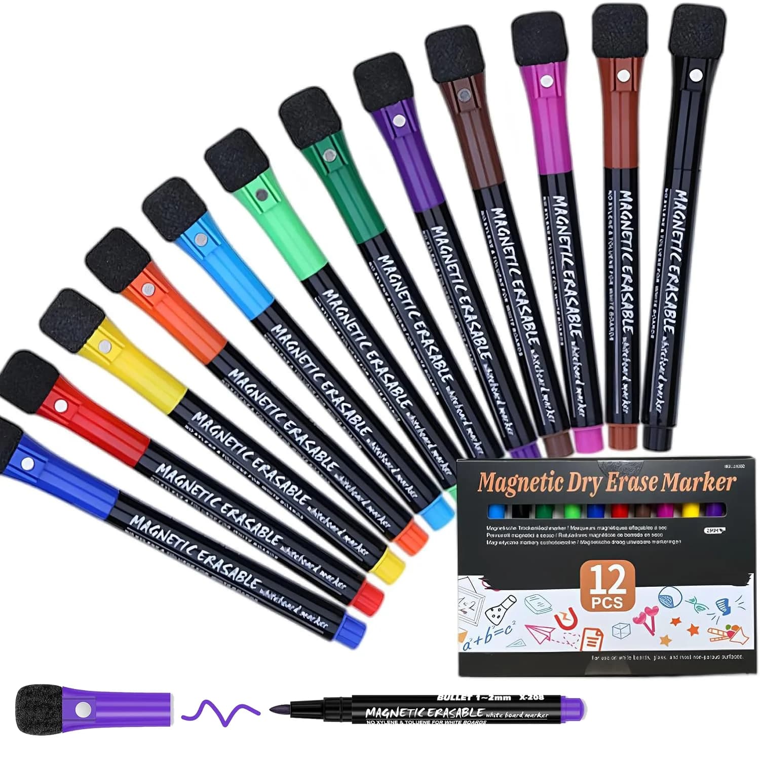 12 Color Magnetic Dry Erase Markers Whiteboard Markers with Eraser Magnetic Whiteboard Markers for School Children Teacher Gift