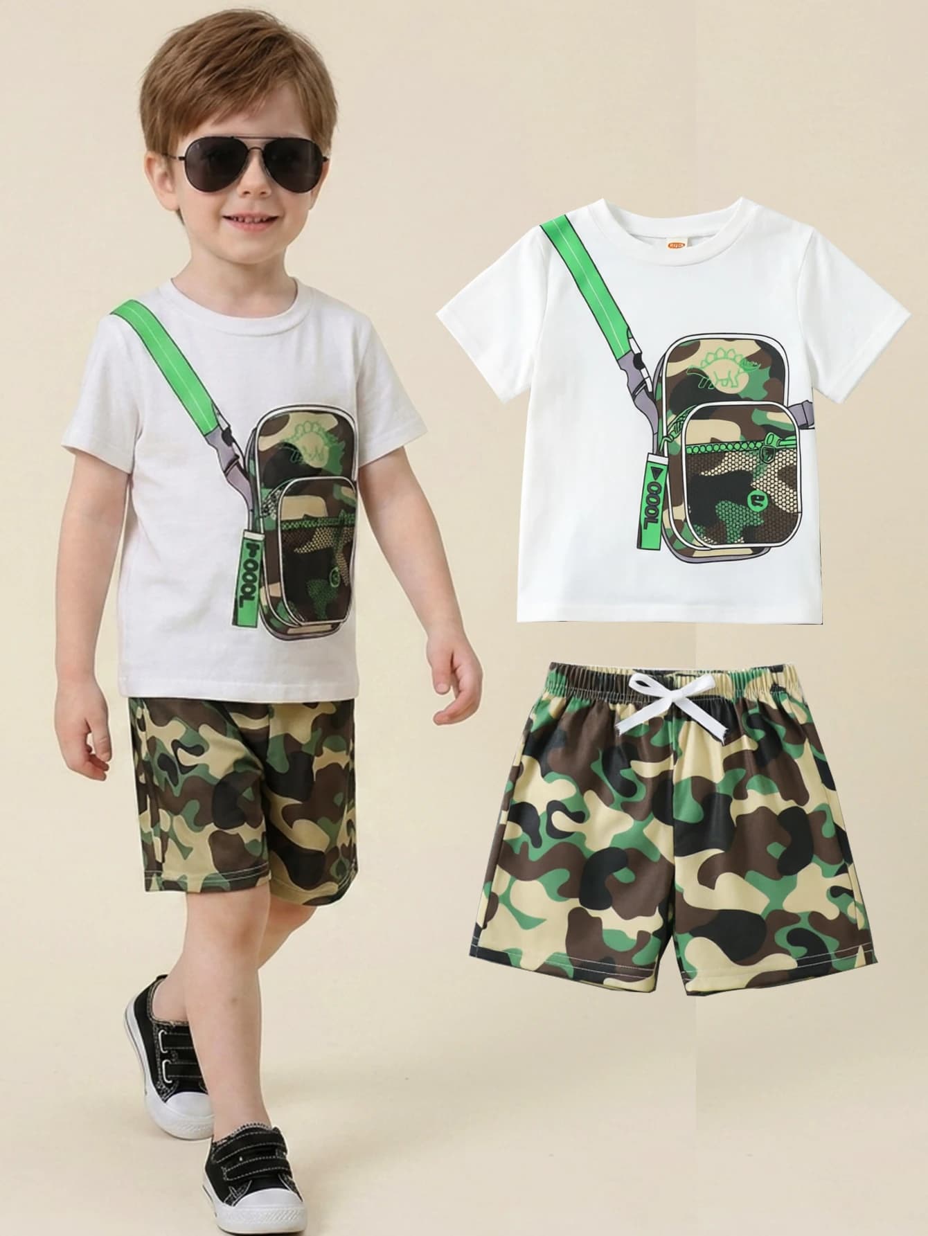 Boys Summer Clothing Set 2Pcs Breathable Fake Bag Print Short Sleeve T-Shirt and Camouflage Shorts Kids Casual Tracksuit Outfits