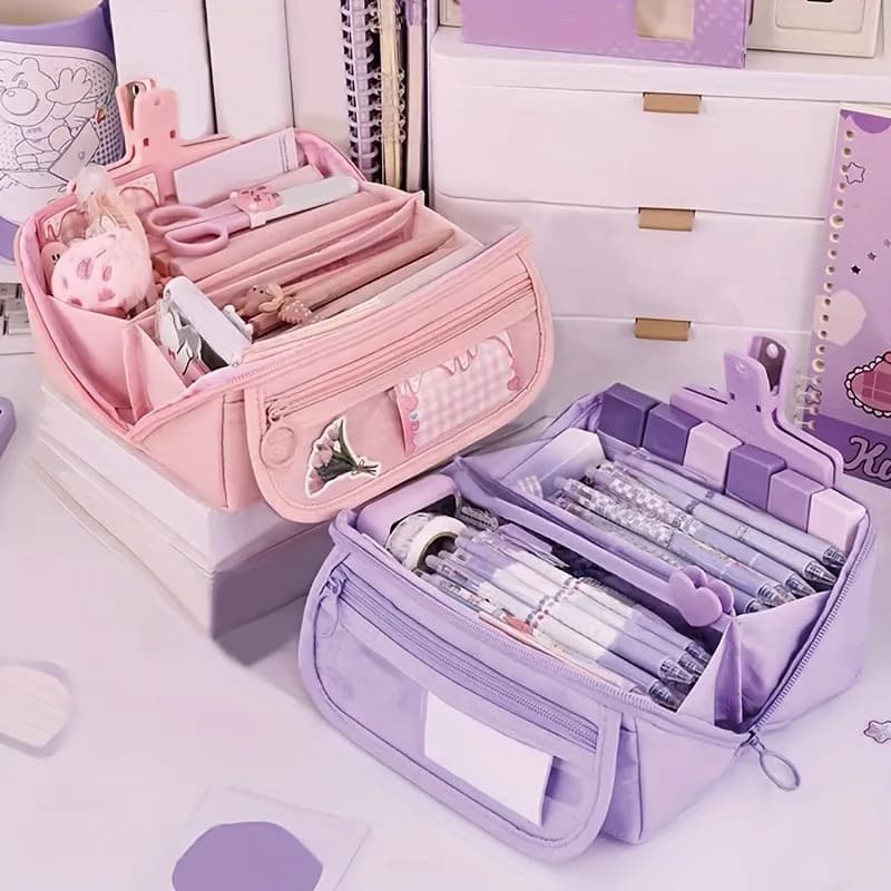 Large Capacity Pencil Case Organizer - Multi-Compartment Desktop Storage for School & Office Supplies ( Pink/Purple/Black)