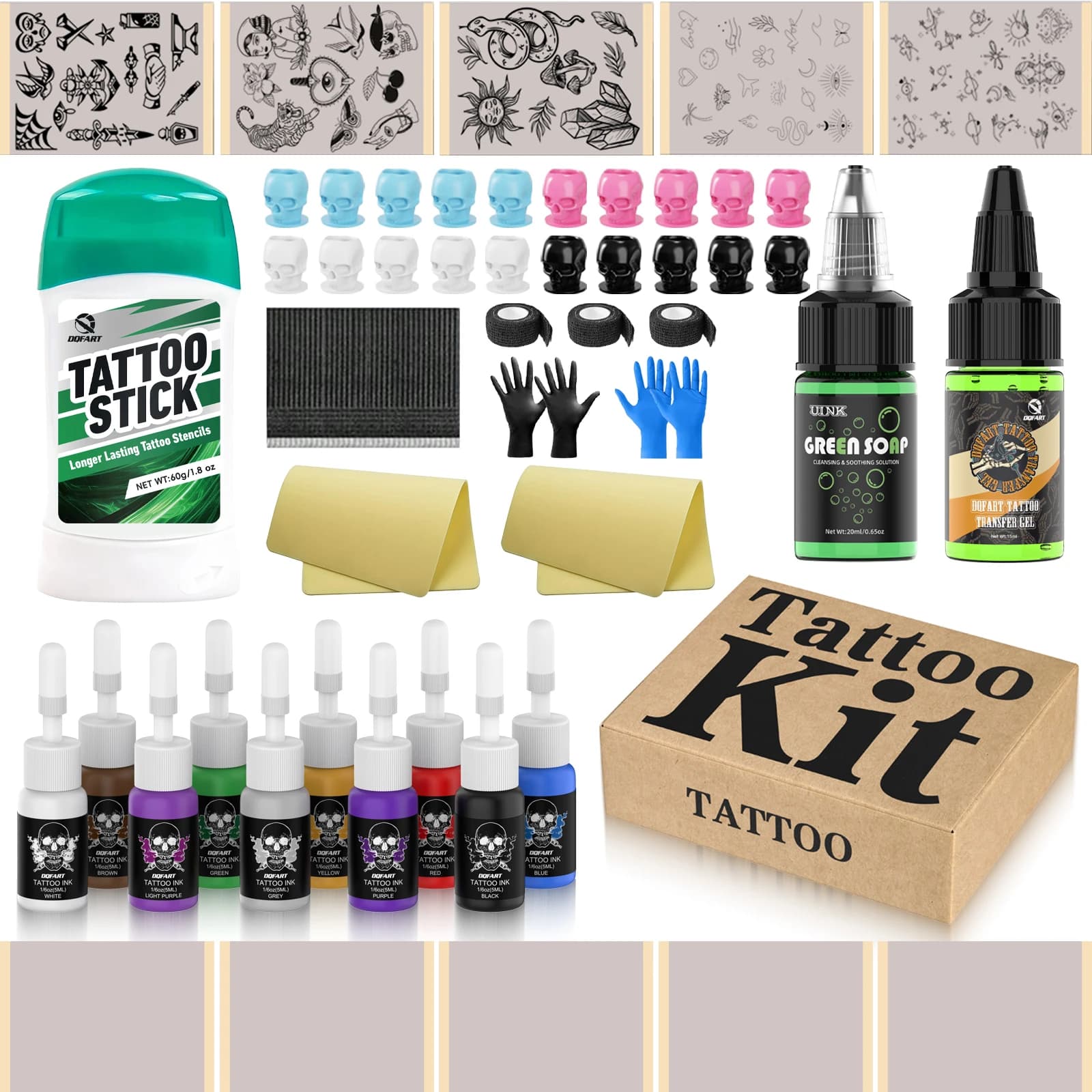 DQFART Tattoo Kit With 10Pcs 5ml Tattoo Ink 20Pcs Tattoo Ink Cups 10Pcs Tattoo Transfer Paper Tattoo Supplies Tattoo Accessories