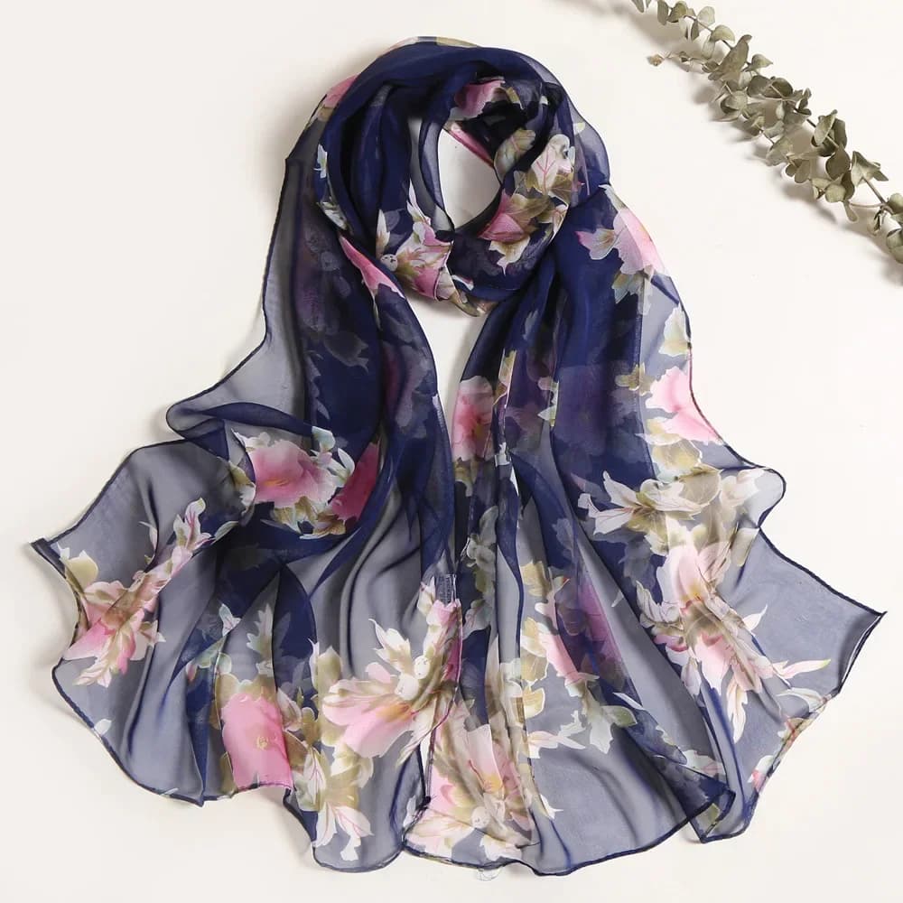Silk Scarves Women Chiffon Wraps Shawls Thin Hijab Scarf For Ladies Floral Print Bandana Head Scarfs Sunscreen Long Neck Scarf