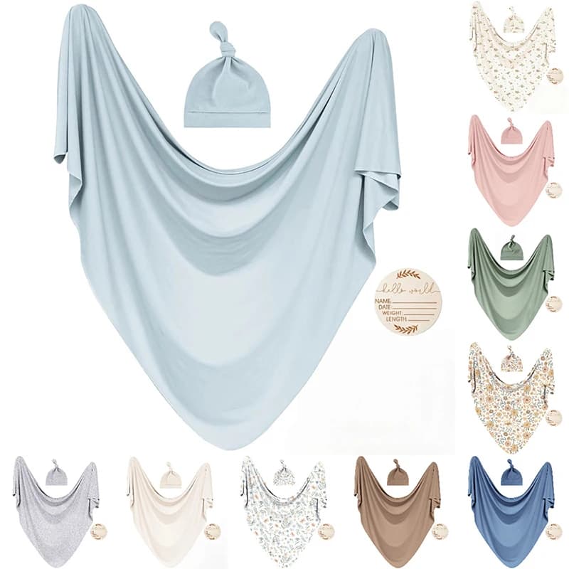 Baby Swaddle Receiving Blankets with Matching Beanie Set Newborn Nursery Swaddle Wrap for Baby Girls and Boys Set of 3