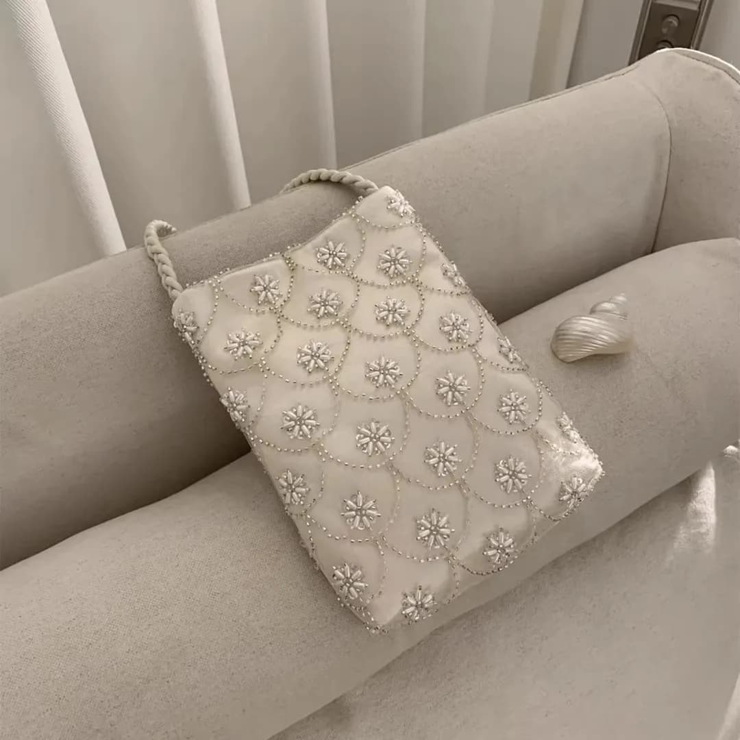Elegant Embroidered Bead Clutch Bag for Women Casual Style PU Material Shoulder Crossbody Bag for Evening Gown Sweet Lady
