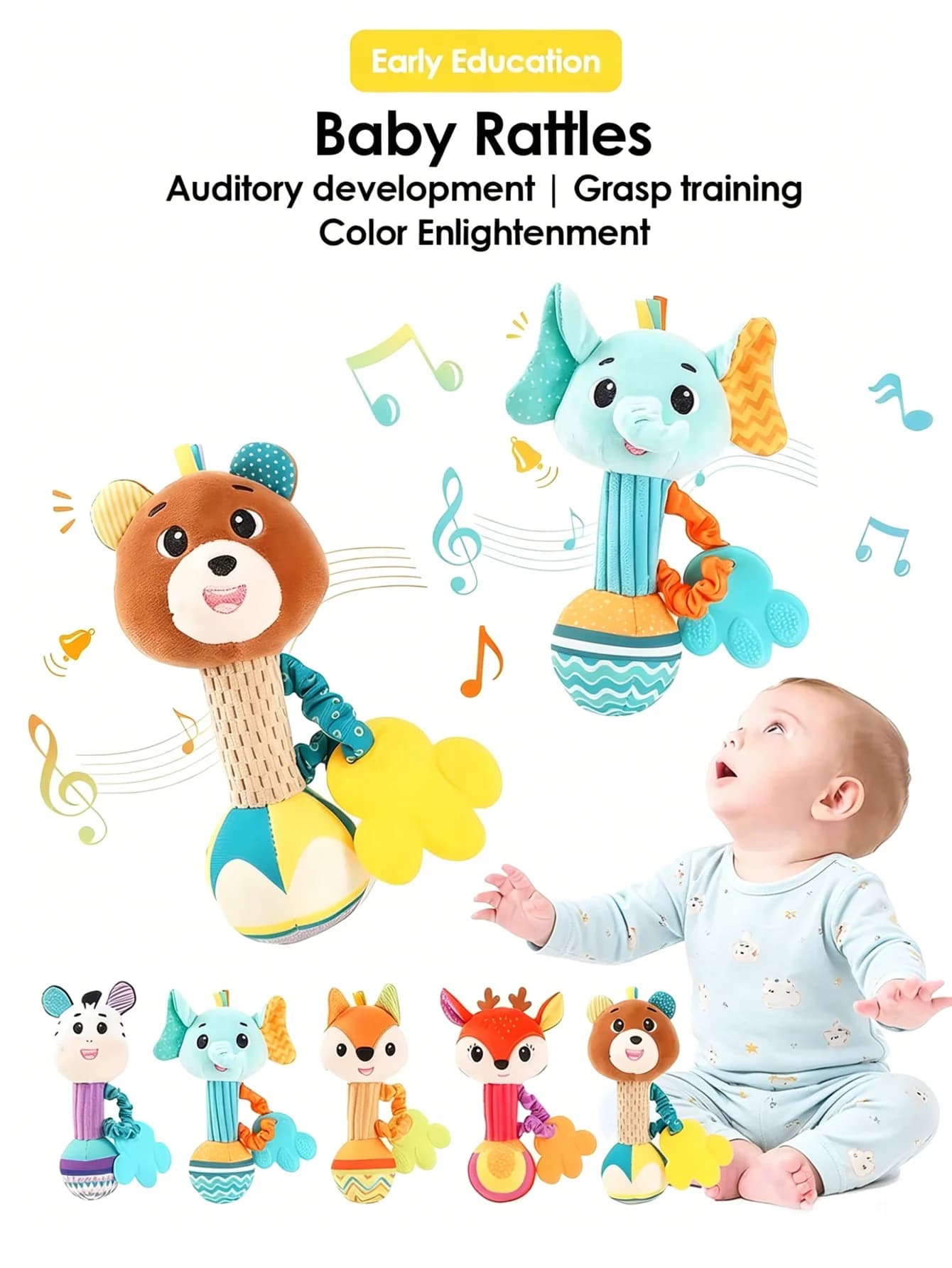 Baby Rattles Soft Stuffed Animal Rattle Hand Grip Baby Toys Shaker Crinkle Squeaky Sensory Soothing Toys Toddler Gifts