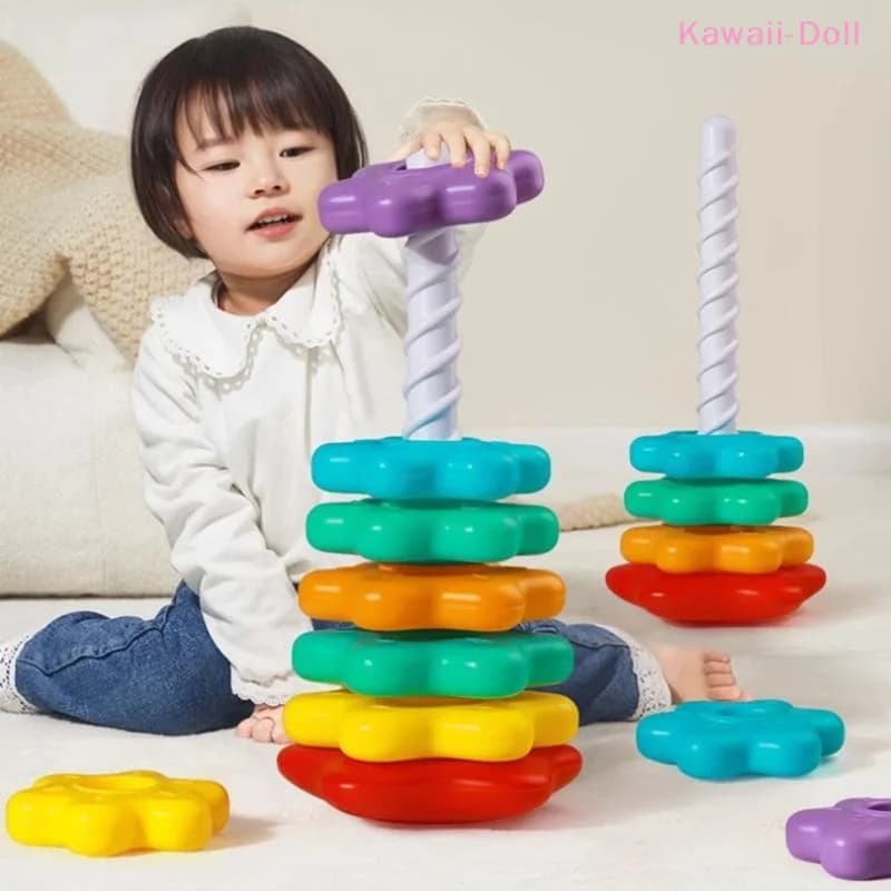 [DO]1 Set Baby Spinning Stacking Puzzle Toys Montessori Rotating Rainbow Tower Children Develop Motor Skills Game Kids Gift[DO]