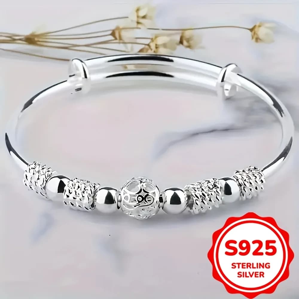 925 Sterling Silver Exquisite Beaded Bangle for Women, Stylish and Elegant Adjustable Bangle, Party Gift Accessory Jewelry