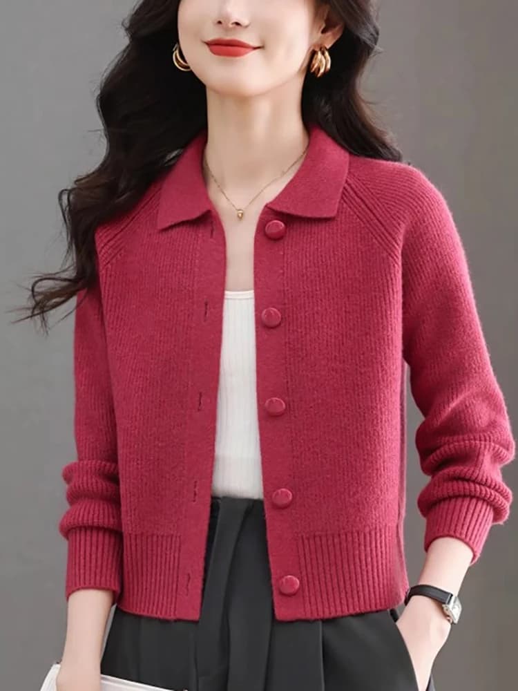 Women's Knitted Cardigan Short High Waist  Collar Casual Outerwear Fashionable Autumn Winter New Style Small Size Friendly