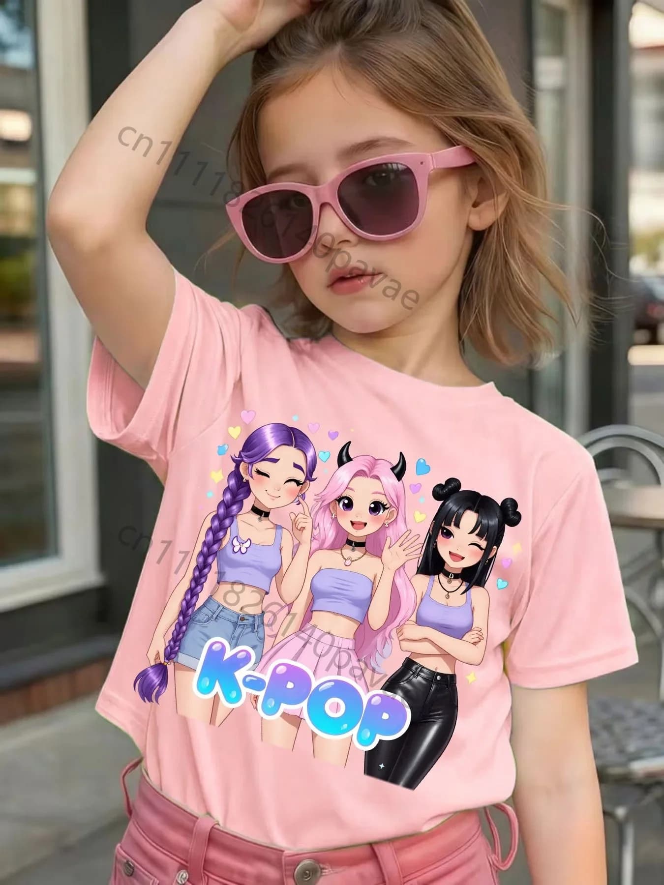 Girls' K-POP T-shirt with Idol Print 100% Pure Cotton Summer Children's Casual T-shirt Fashionable K-pop Style Short Sleeve.