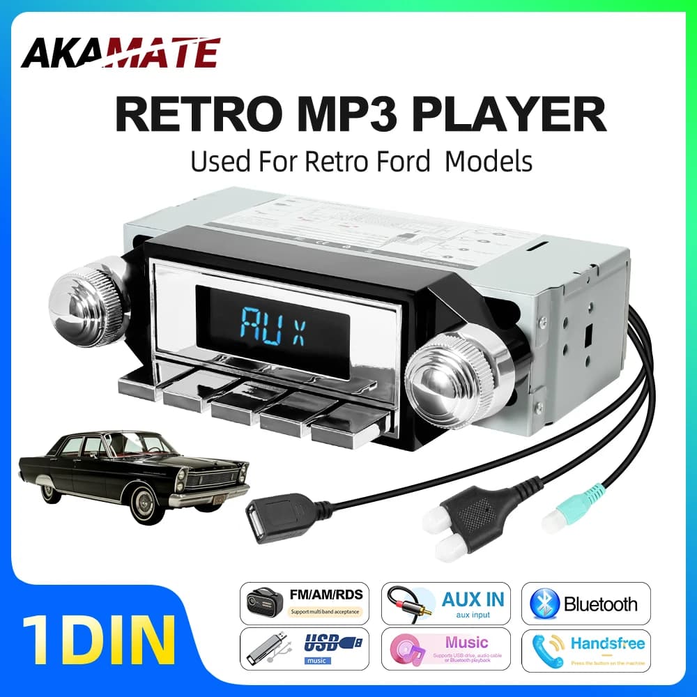 Retro Car Radio for Ford Bronco F-Series Mustang Galaxie Ranchero Multimedia Player FM AM RDS Bluetooth AUX USB 12V MP3 Stereo
