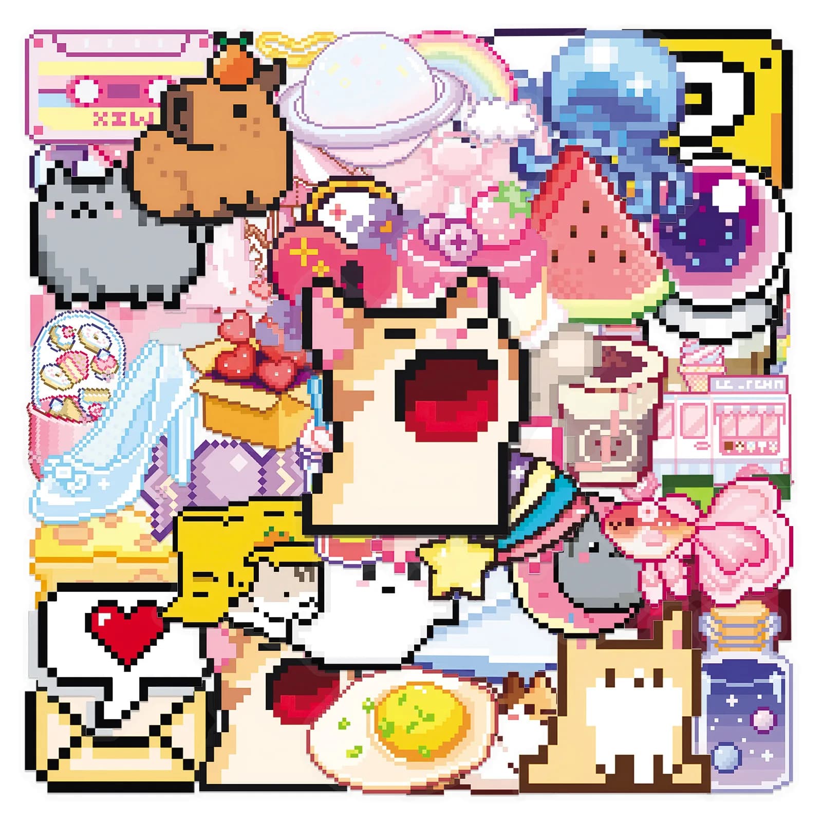 50Pcs Cute Pixel Game Stickers Kawaii Girls Cat DIY Stickers Scrapbooking Phone Luggage Skateboard Waterproof Decals