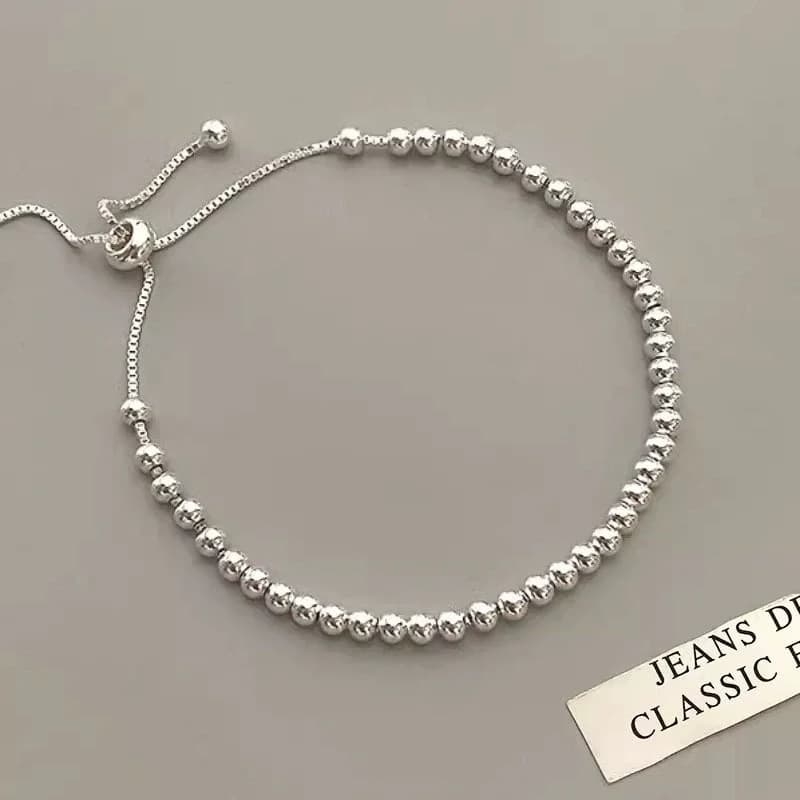 100% Solid 925 Sterling Silver Metal Bracelets for Women Men Beads Adjustable Handmade Simple Bracelet Birthday Christmas Gifts