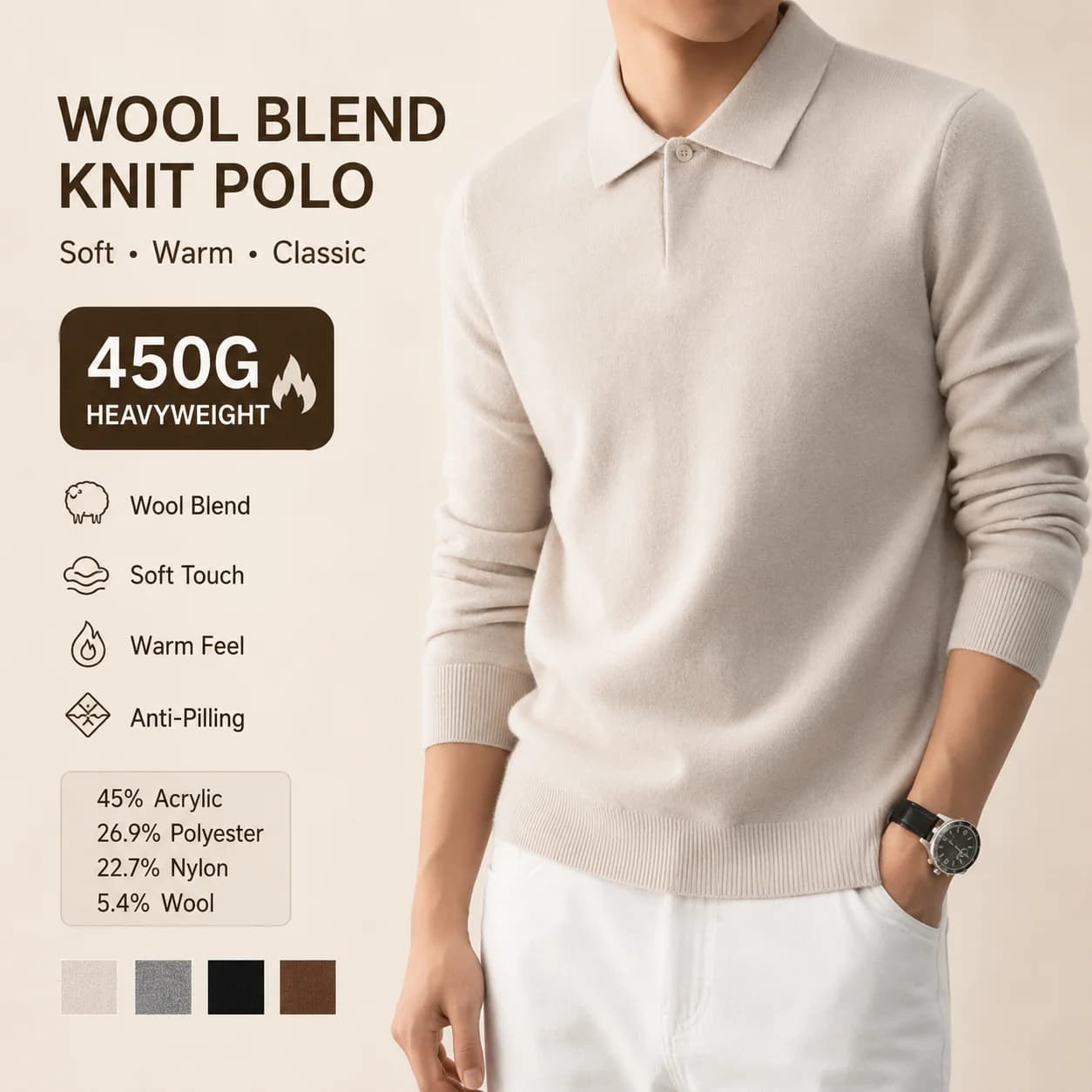 Men's Wool Blend Polo Sweater Heavyweight Warm Knitwear Anti-Pilling Soft Touch Long Sleeve Pullover Autumn Winter