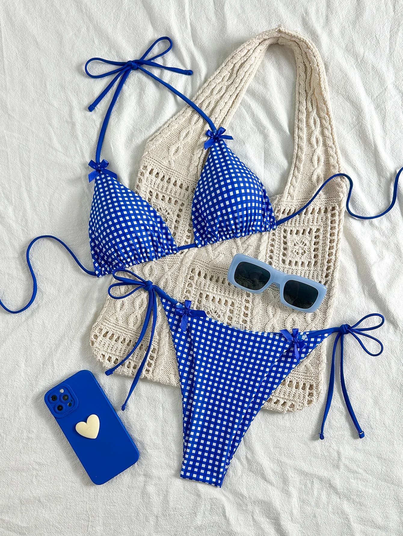 Women's Bikini Set, Ins-Style Picnic Mat Blue and White Plaid Two-Piece Swimsuit, Popular Bowknot Design, Sexy Halter Neck Tie-Up Triangle Top and Tie-Up Triangle Bottoms