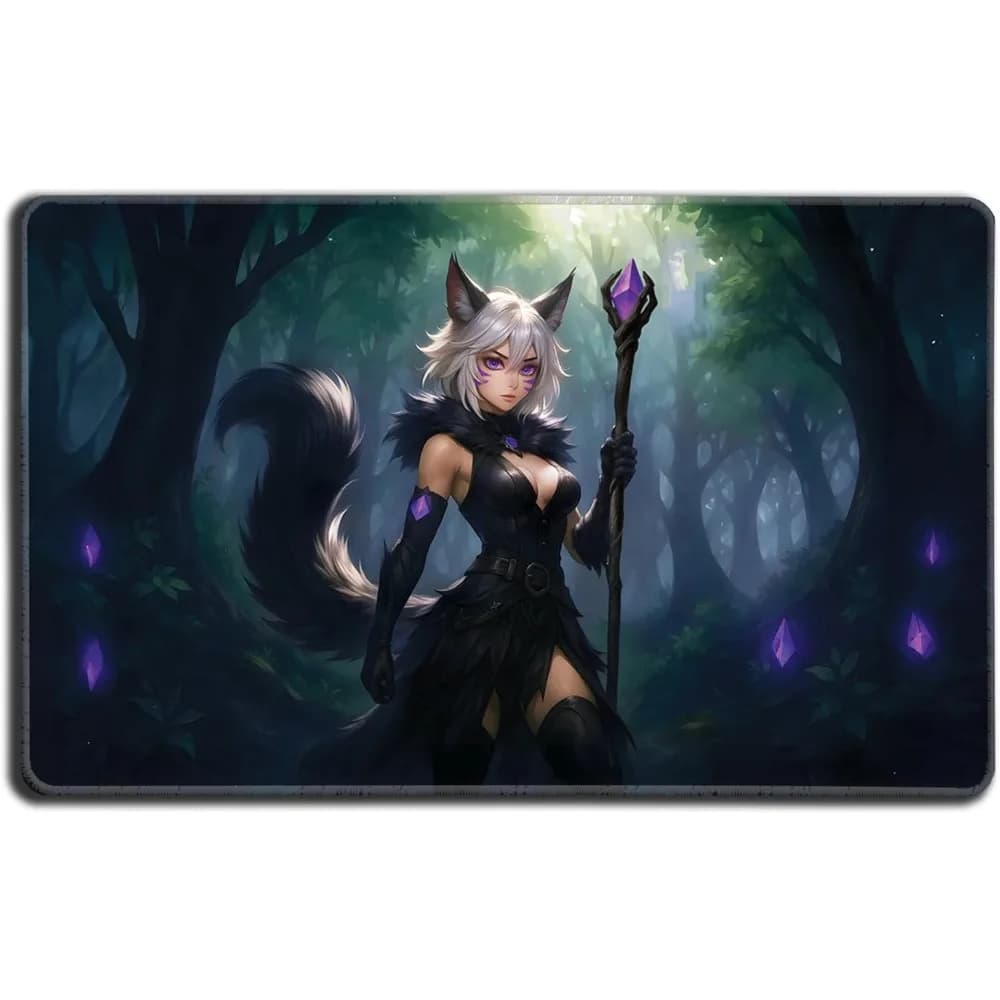 Anime Cat Warlock Playmat  24x14 TCG Mats for The Magic Gathering Commander Non-Slip Stitched Play Mat for MTG Cards & Decks