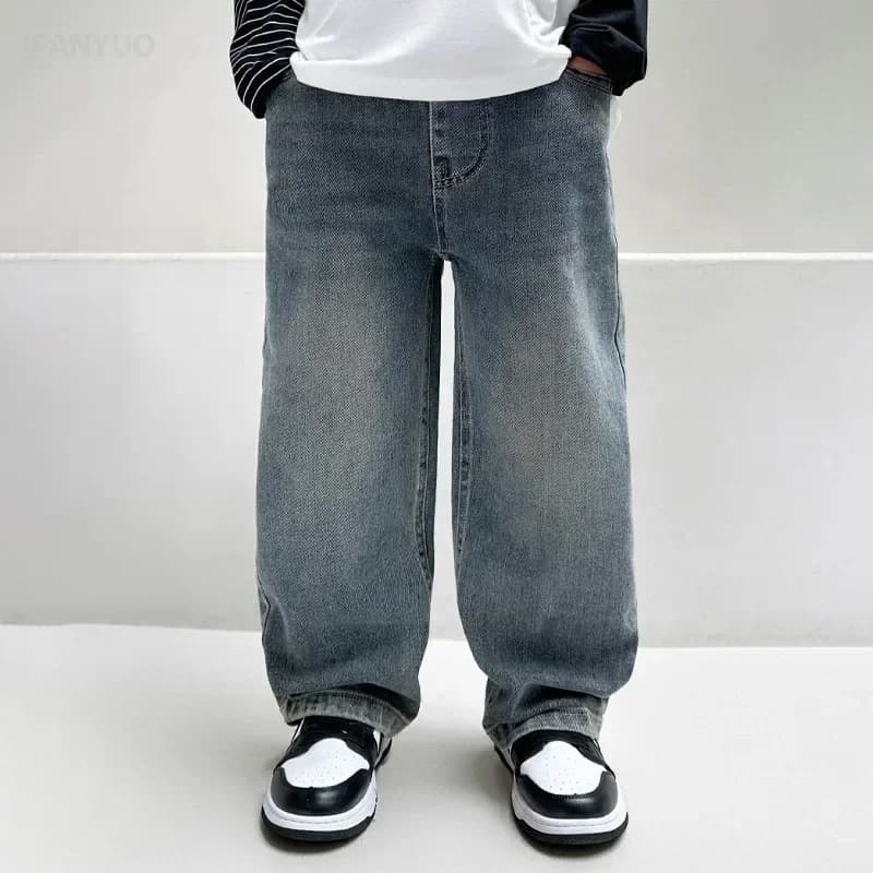 Boys Version Straight Jeans Street Style 2025 New Jeans Medium and Big Children Handsome Street Straight Wide-Leg 4-12Y