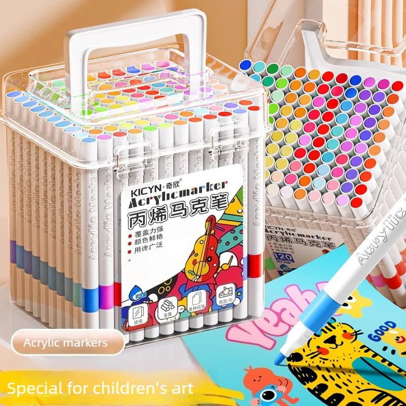 Water-Washable, Non-Bleeding, Layerable Acrylic Markers for Primary School Students - Waterproof, Bucket-Packaged Colored Pens