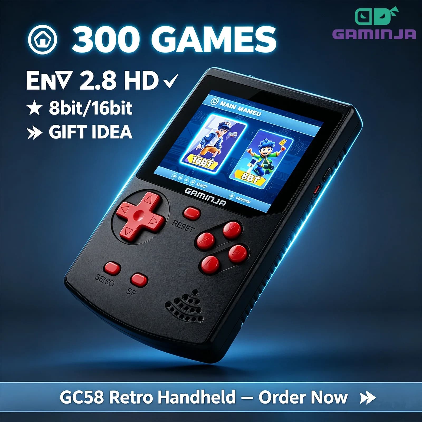 GAMINJA Handheld Game Console 300 Classic 8bit/16bit Games 2.8" HD Screen Retro Video Mini Game Console Gift for Nostalgia