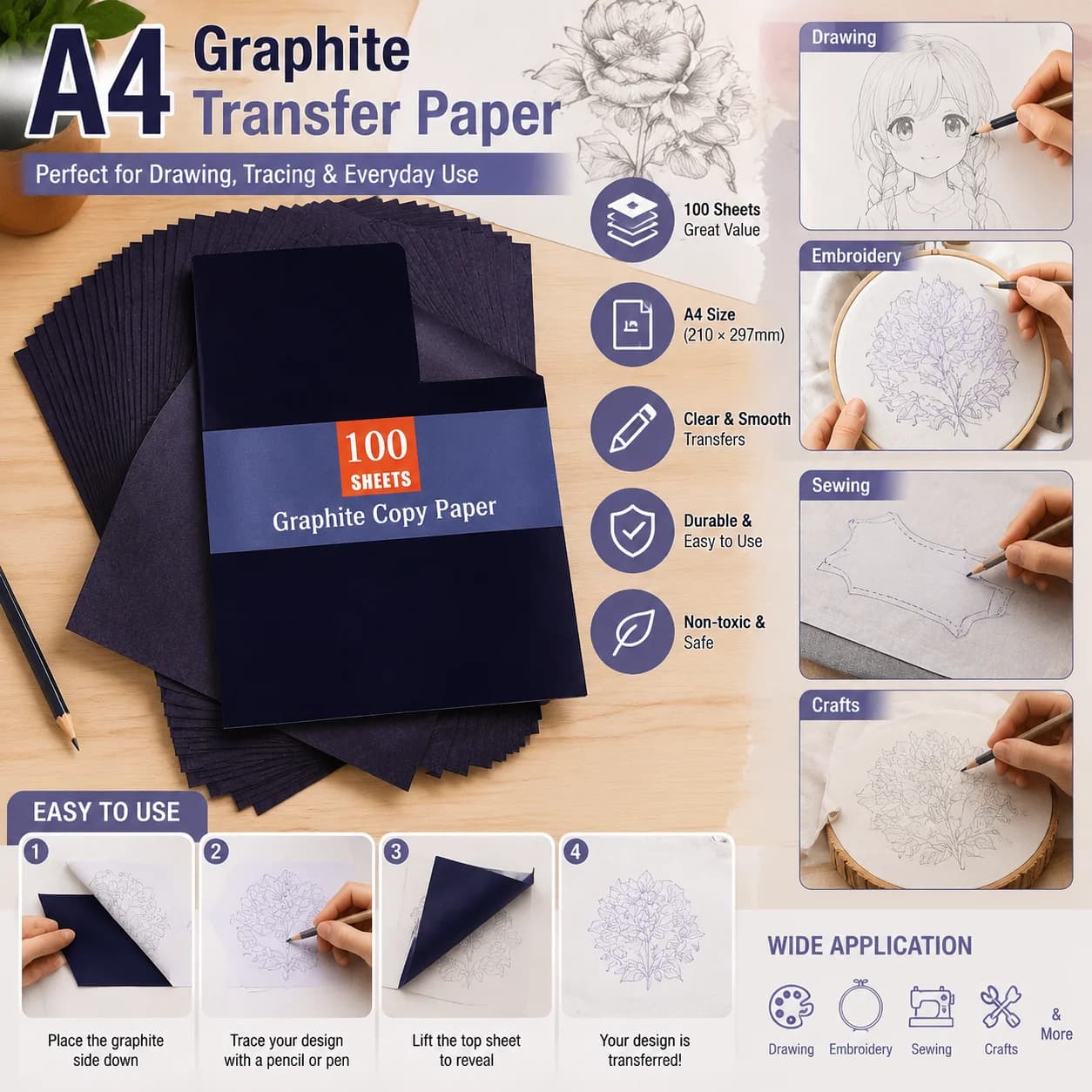 100pcs A4 Graphite Transfer Paper Tracing Painting Sheets Blue Copy Graphite Paper for Drawing Patterns Sketch Canvas Fabric