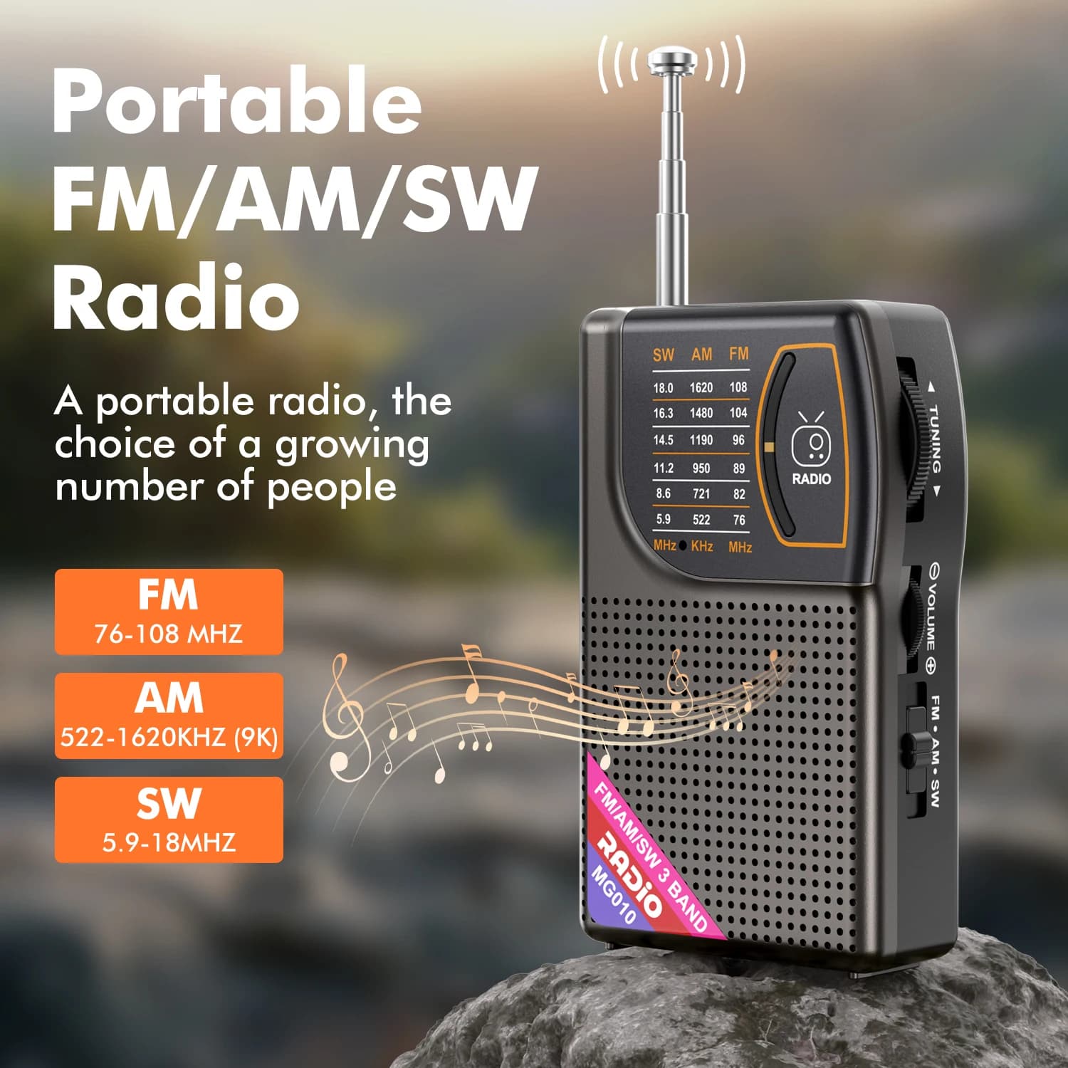 Portable AM/FM/SW Radio with Big Speaker & Multiple Inputs (TYPE-C/USB/AUX). Compact Design, Superior Sound Quality.(BLACK)