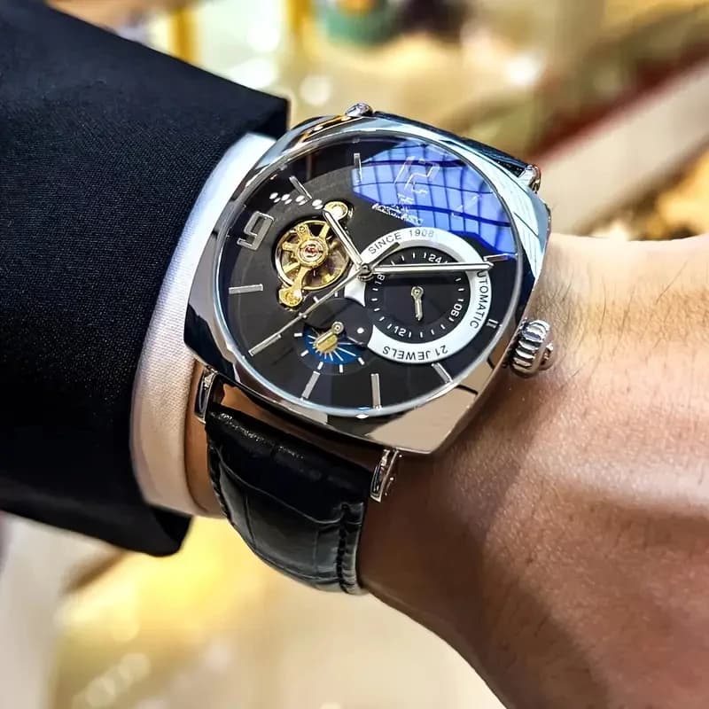 [Mechanical Men's Watch] Retro Mechanical Men's Watch | Elegant, Skeleton Dial, Hollow Design, Alloy Case, Synthetic Leather Strap | Business and Casual Wear, No Batteries Required