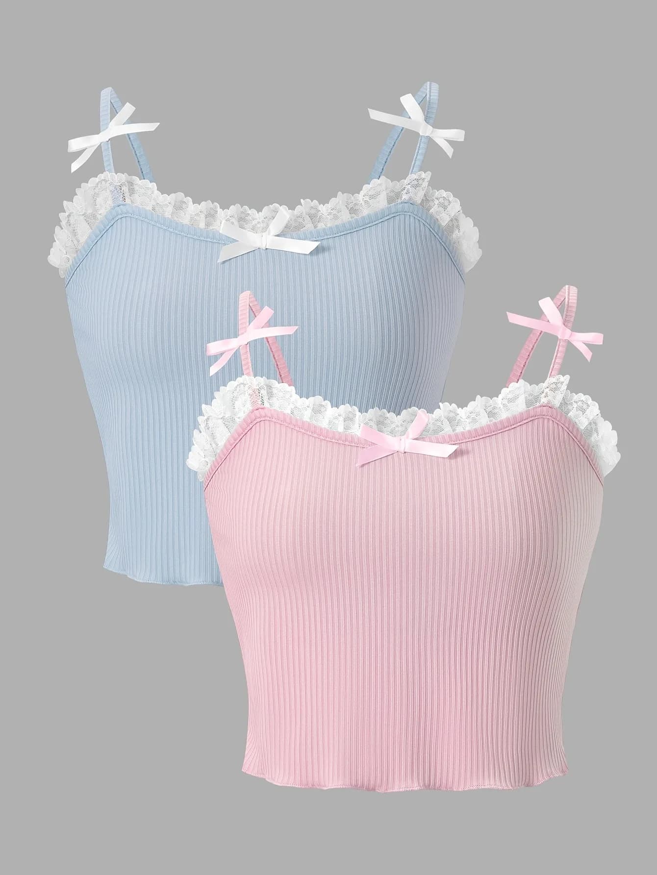 Girls 2-Pack Lace Trim Bow Detail Ribbed Cami Crop Tops Coquette Aesthetic Summer Tank Tops
