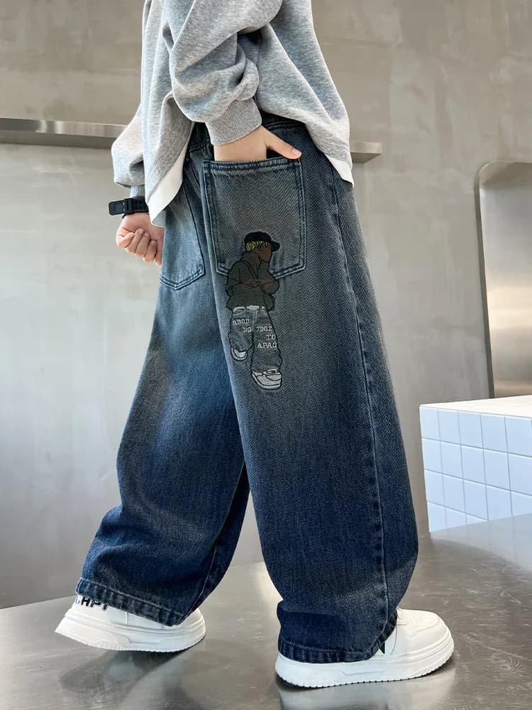 Boys Jeans Spring Autumn Fashionable Wide Leg Straight Casual Kids Denim Pants Trendy Children's Clothing Elastic Waistband