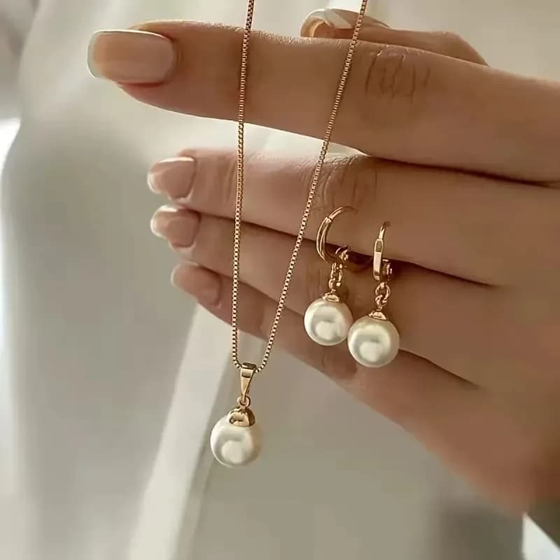 Fashion Pearl Jewelry Set For Women Dangle Earrings Pendant Necklace Simple Dainty Daily Wear Outfit Party Accessories