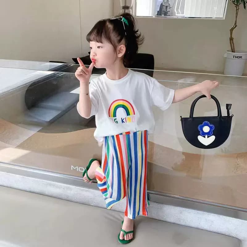 Girls T-shirt Sets Summer Children Clothing Suits Kids Rainbow Print Short Sleeve Outfits Teen Thin Tops+Pants 2Pcs 2-8 Years