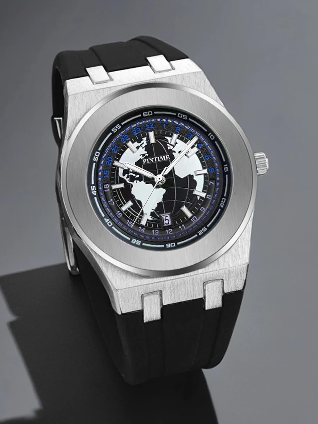 Men's quartz watch, earth-themed large dial, water-resistant and luminous for both day and night use, silicone strap, stylish an