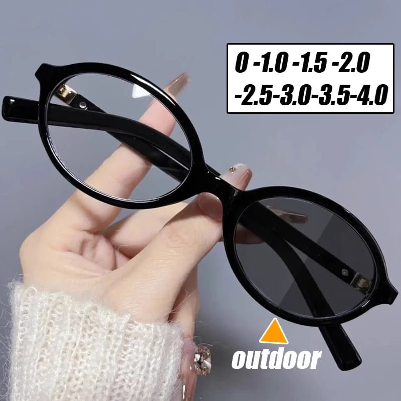 Myopia Glasses for Women Men Fashion Oval Frame Color Changing Minus Eyeglasses Finished Photochromic Near Sight Sunglasses