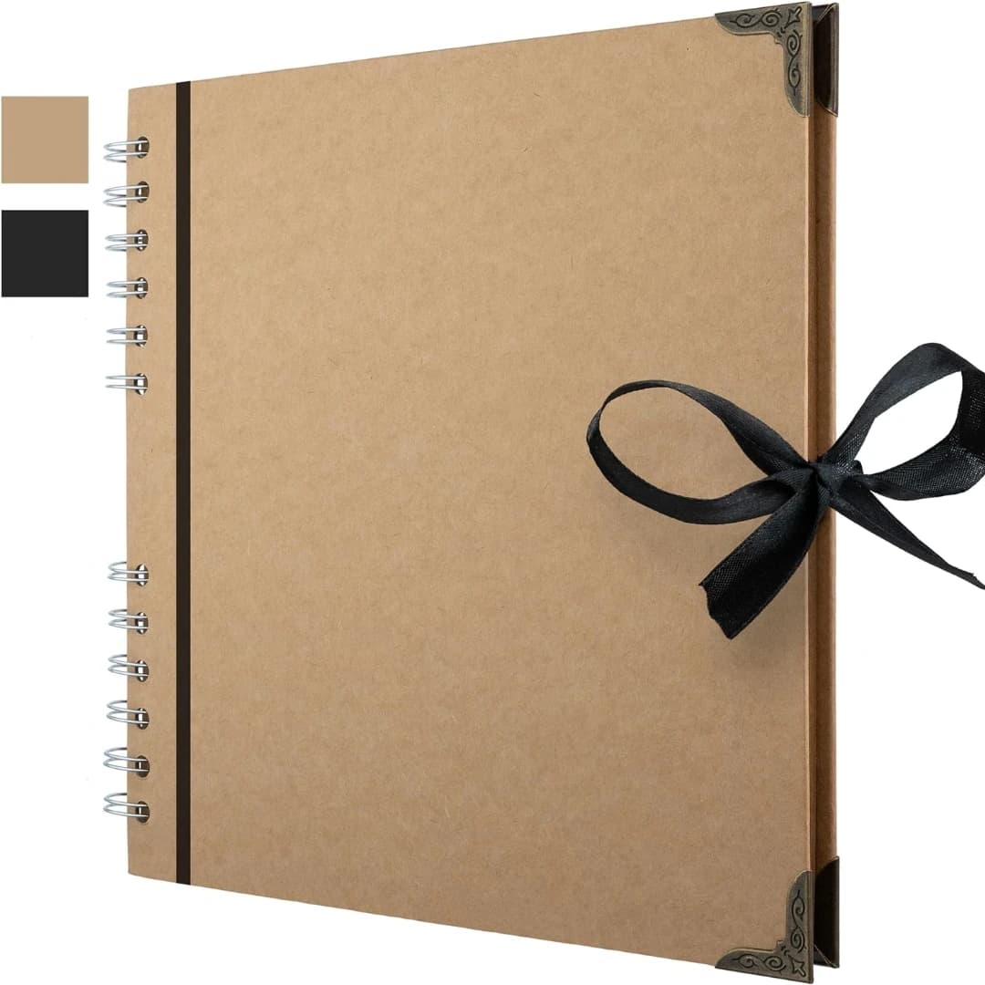 Scrapbook Album 60 Pages (8 x 8 inch) Black Thick 180gsm Kraft Paper, Corner Protectors - Scrap Book, Ribbon Closure