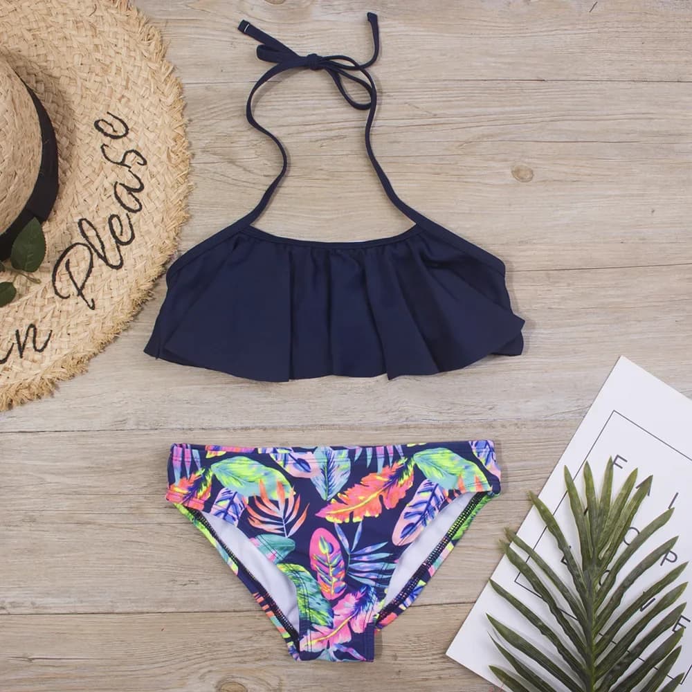 Girls' two-piece printed swimsuit in blue, product view