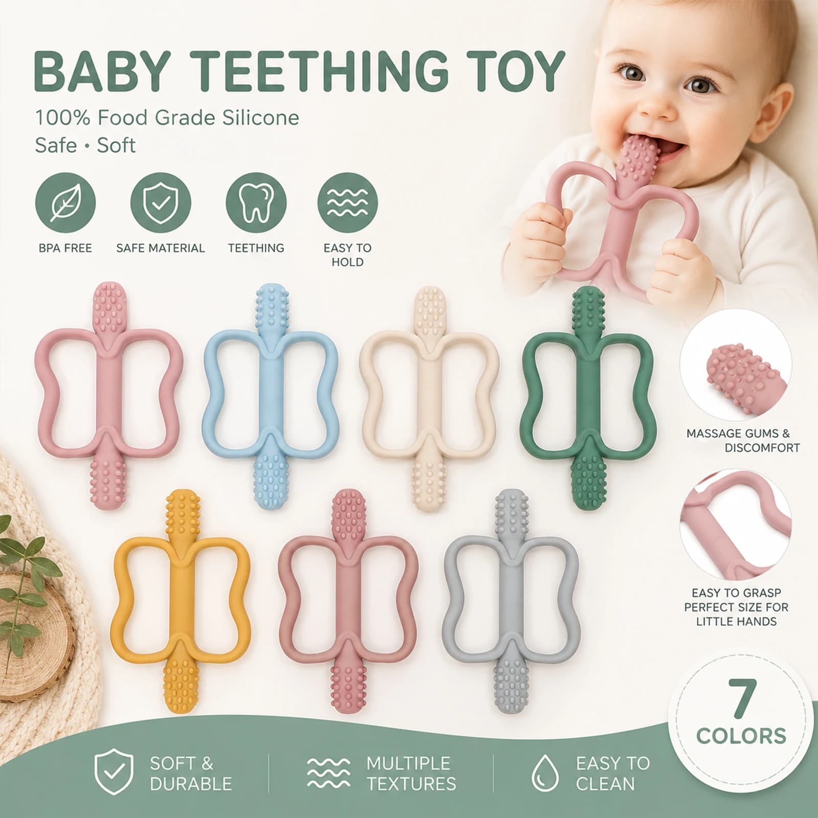 Baby silicone teething toy, BPA-free, soft and easy to grip, suitable for babies experiencing teething discomfort.