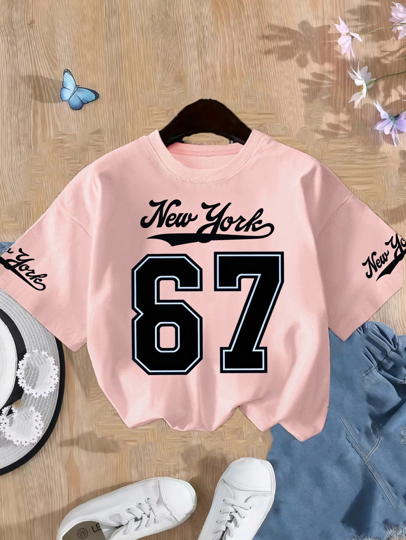 Girls' Number 67 New York Print Summer Short-Sleeve Pure Cotton T-Shirt Pink Elastic Round Neck Children's Top Fashion Design