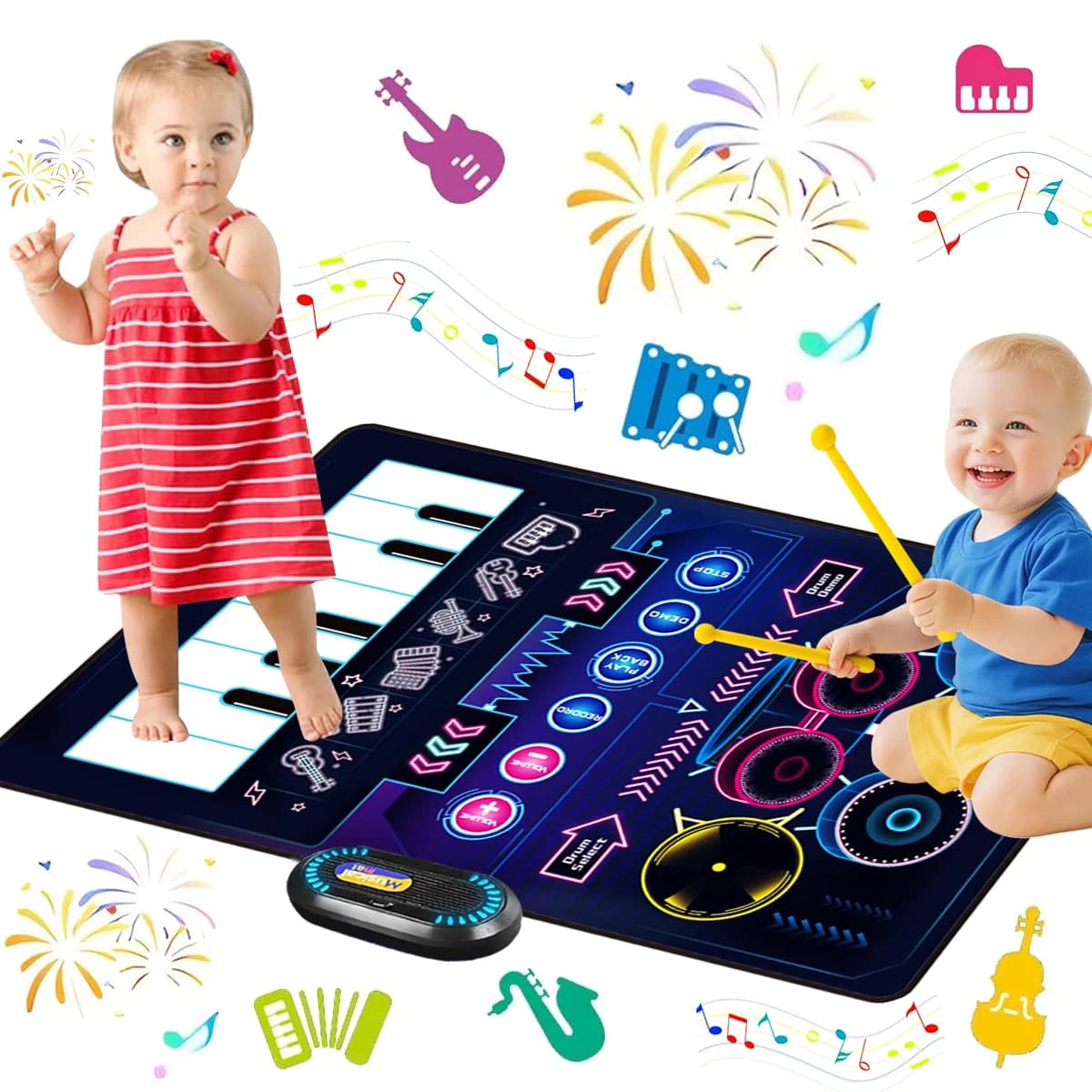 Piano Mat, Music Sensory Play Mat Piano Keyboard&Jazz Drum Music Piano Mat with 2 Sticks for Kids Instrument Education Gift