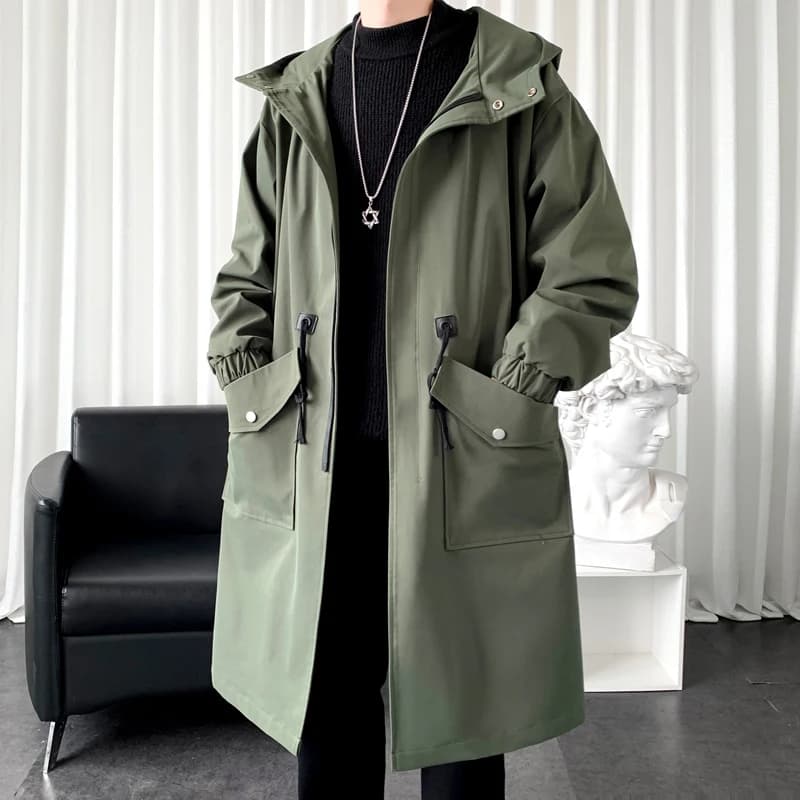 Trench Coat Mens New Fashion Army green Overcoat Men Casual Windbreaker Solid Long Coat Male Autumn Homme Black/Khaki/Army green