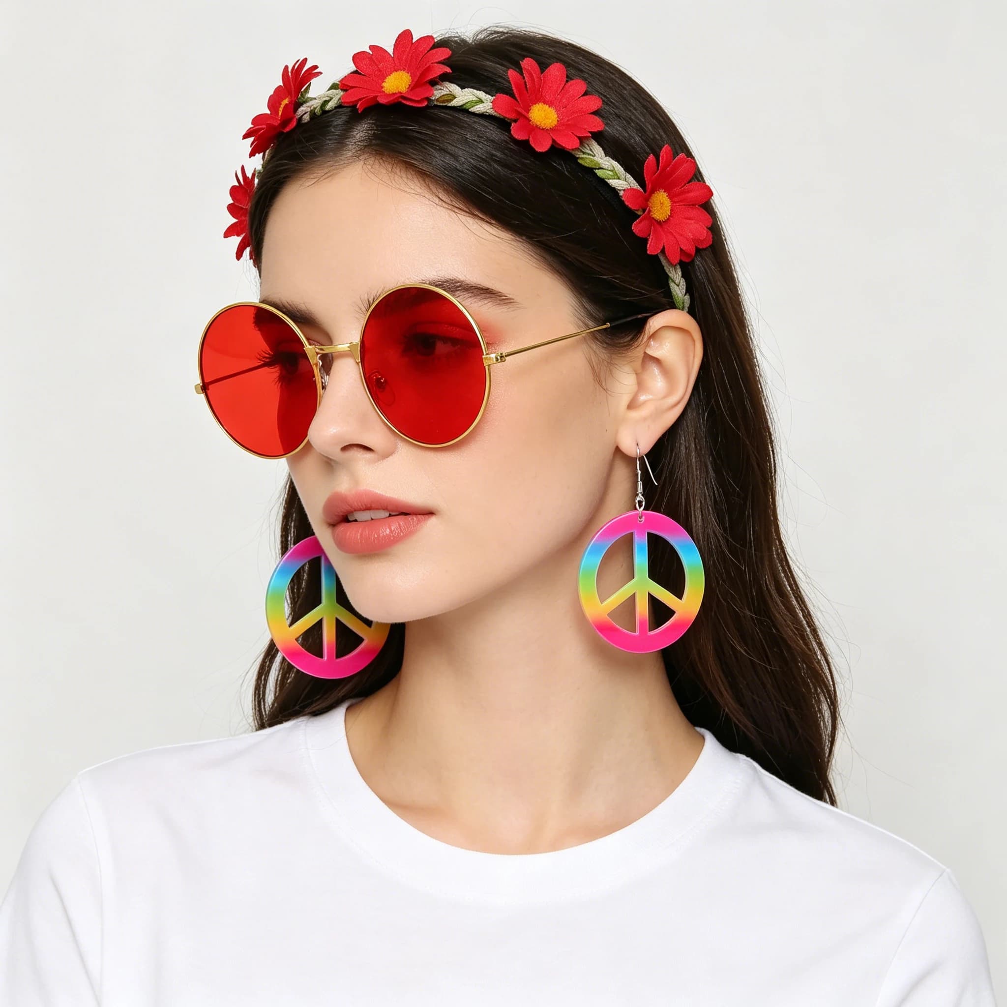 60s 70s Hippie Accessories Kit Flower Headband Red Sunglasses Peace Earrings for Halloween Costume, Woodstock Themed Party, Cosp