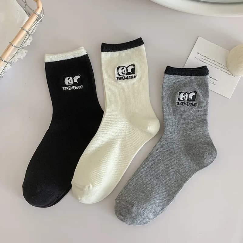 Panda embroidery crew socks in white, pair view
