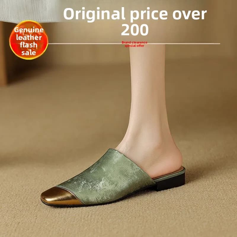 Women's Flat Bottom Real Leather Sandals Summer New Thick Heel Cap Toe Half Slip Cool Mule Shoes Slip-On Casual Flats