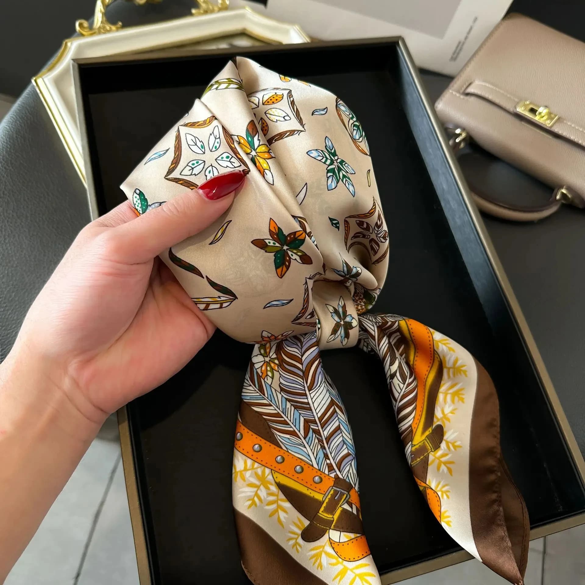Women Head Silk Scarves Girl Luxury Silk Square Plaid Scarf Women Satin Neck Hair Tie Band Soft Work Neckerchife Scarf Hijab