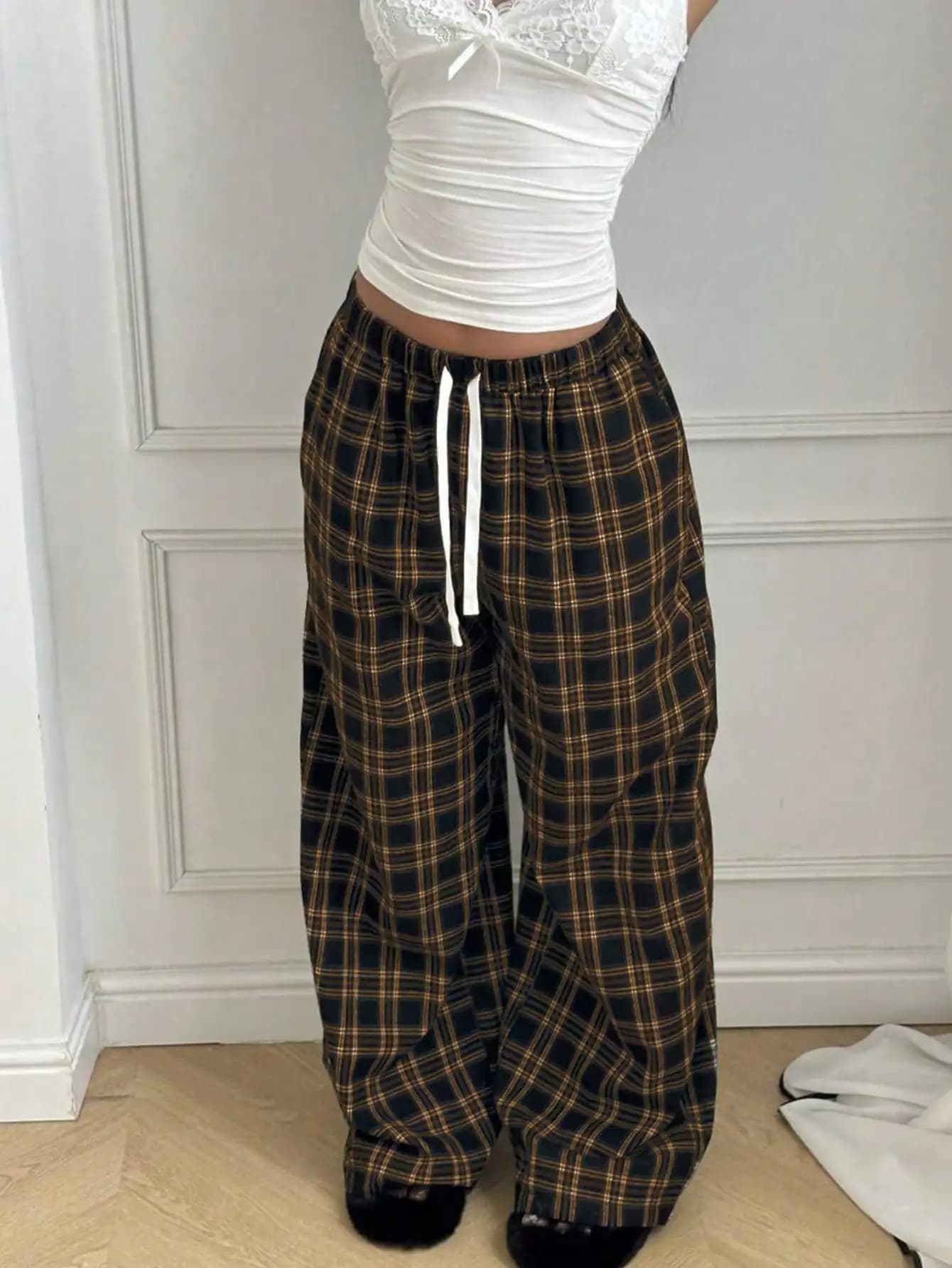 Plaid Pants for Women, High Waist Drawstring Wide Leg Trousers, Casual Streetwear Lounge Pants