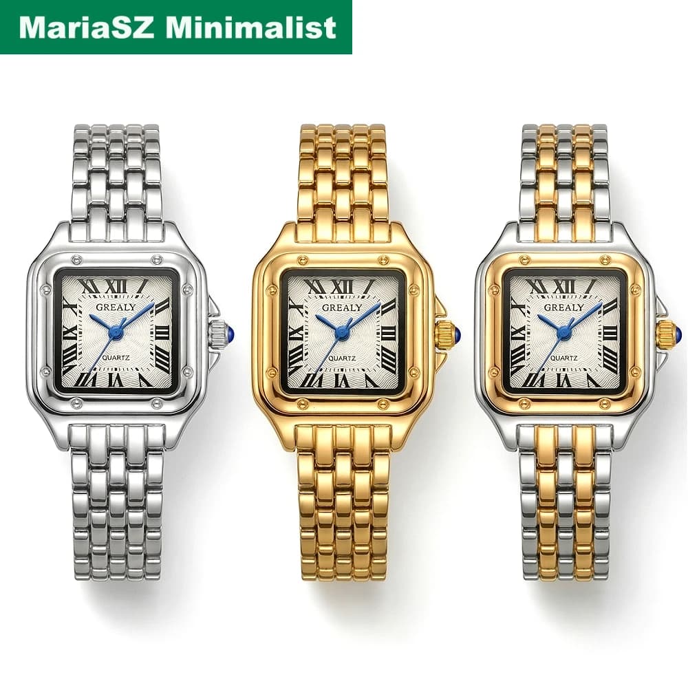 Classic Wrist Watches for Women Two-tone French Elegant Square Quartz Clock Roman Numerals Stainless Steel Ladies Dress Jewelry