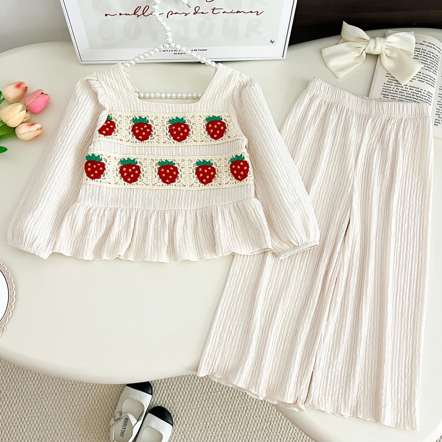 Girls Clothing Sets  Autumn Strawberry Gouhua Long-sleeved Ruffled Top Wide Leg Pants 2-piece Kids Clothes Suit
