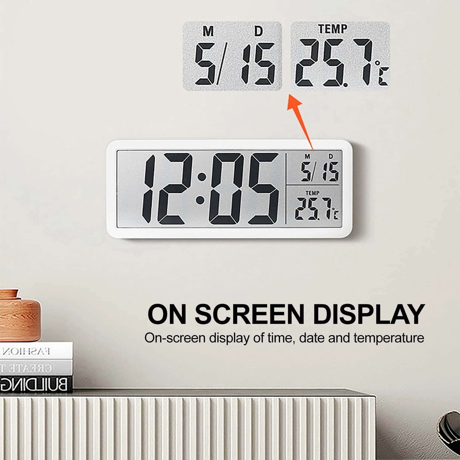 Digital Wall Clock Electronic Wall Mounted LCD Disply Clocks Multifunctional Temperature and Time Week Display Battery Powered