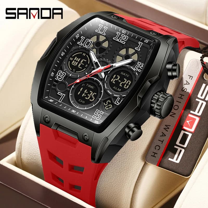 Men's dual-display sports watch on silicone band, front view